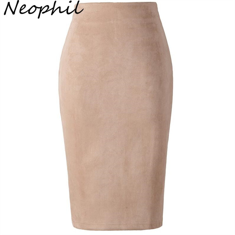 Neophil 2019 Winter Women Suede Midi Pencil Skirt High Waist Gray Pink XXL Sexy Style Stretch Wrap Ladies Office Work Saia S1009
