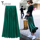 Trytree Summer Autumn Pleated Skirt Womens Vintage High Waist Skirt Solid Long Skirts New Fashion Metallic Skirt Female
