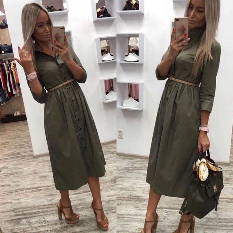 Women Vintage Front Button Sashes Party Dress Three Quarter Sleeve Turn Down Collar Solid Dress 2019 Autumn New Fashion Dress