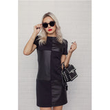 Women Vintage Leather Patchwork Elegant Office Dress Long Sleeve O neck Solid Casual Mini Dress 2019 Winter New Fashion Dress