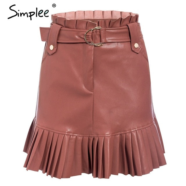Simplee Sash belt PU leather women skirt Ruffled high waist female mini skirt A-line Party club wear ladies sexy short skirt