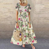 Summer New Fashion Womens Plus Size Casual Short Sleeve Boho Retro Linen Print Long Maxi Dress Wholesale Free Ship платье Z4