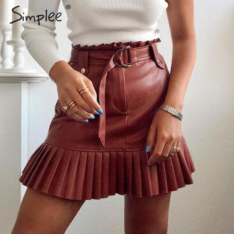 Simplee Sash belt PU leather women skirt Ruffled high waist female mini skirt A-line Party club wear ladies sexy short skirt