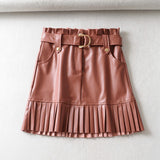 2019 Autumn Winter Pu Leather Skirts High Waist Pleated Hem Mini Skirts Belt Waist Ladies Faldas