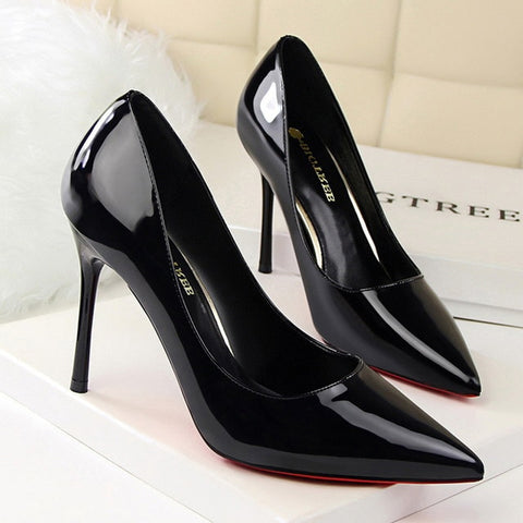 Thin Heel Patent Leather Pumps Lady Fashion High Heel Pointed Toe Single Shoes Black