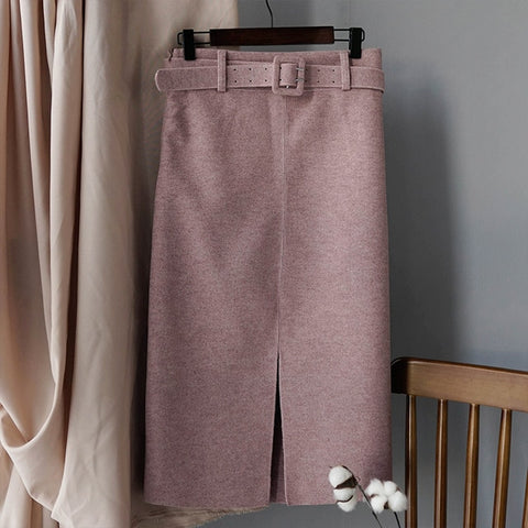 Women Winter Skirt Pink Wool High Waist Midi Skirt With Belt Warm Elegant Pencil Split Skirts