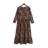 Vintage Stylish Leopard Print Ruffled Midi Dress Women 2020 Fashion O Neck Three Quarter Sleeve Elegant Dresses Vestidos Mujer