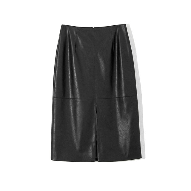 WOTWOY Autumn Office Lady Faux Leather Women Skirt 2019 Formal High Waist Midi Pencil Skirt Knee-Length Back Split Skirt Womens