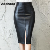Black PU Leather Skirt Women 2020 New Midi Sexy High Waist Bodycon Split Skirt Office Pencil Skirt Knee Length Plus Size
