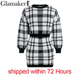 Glamaker Plaid knitted two-piece suit sexy autumn Dress women elegant winter sweater dress Sexy female fashion party short dress
