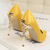 Metal Carved Thin Heel High Heels Pumps Women Shoes 2018 Sexy Pointed Toe Ladies Shoes Fashion Candy Colors Wedding Shoes Woman