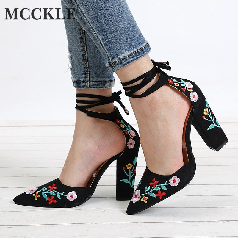 MCCKLE Women High Heels Plus Size Embroidery Pumps Flower Ankle Strap Shoes Female Two Piece Sexy Party Wedding Pointed Toe