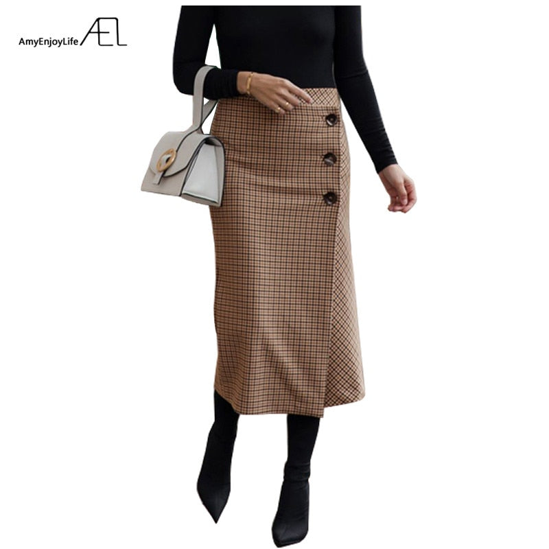 AEL Retro Female Hight Waist Asymmetry Woolen Midi Skirt Wrap New Plaid Women Clothing Vintage Fashion Jupe Longue Femme Slim