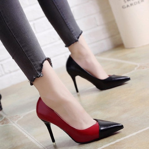 2018 Women Pumps OL Fashion Spell Color High heels Single Shoes Female Spring Summer Patent leather Wedding Party shoes Woman